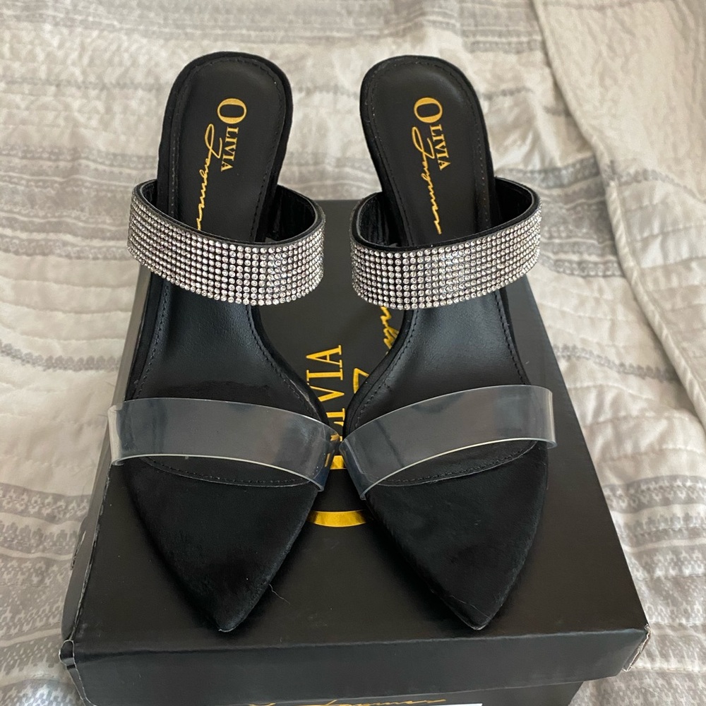 Strapless black suede & silver gem pumps